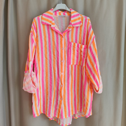 Gestreifte Musselinbluse in Orange-Pink-Weiß