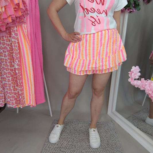 Gestreifter Musselin Hosenrock in Orange-Pink-Weiß