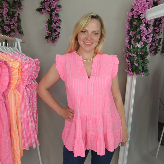 Gestreifte Musselin Bluse mit Rüschen in Pink-Rosa
