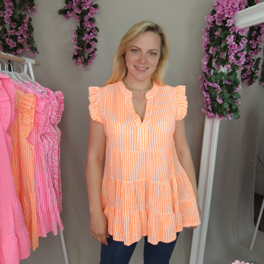 Gestreifte Musselin Bluse mit Rüschen in Orange-Weiß