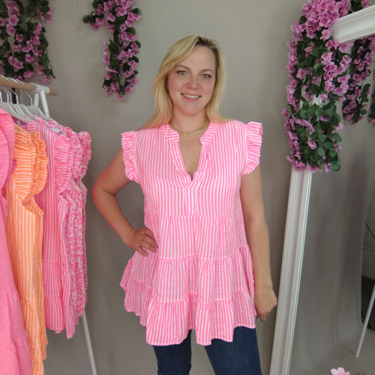 Gestreifte Musselin Bluse mit Rüschen in Pink-Weiß