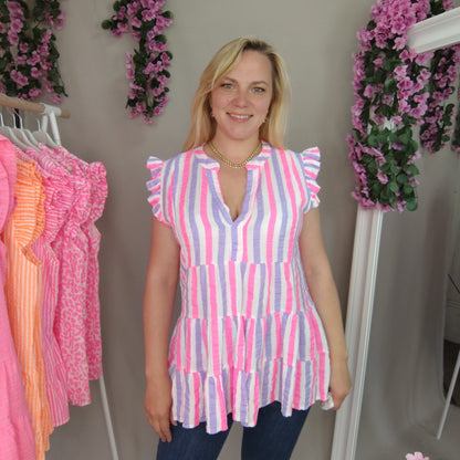Gestreifte Musselin Bluse mit Rüschen in Flieder-Pink-Weiß