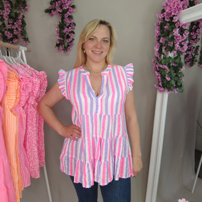 Gestreifte Musselin Bluse mit Rüschen in Flieder-Pink-Weiß