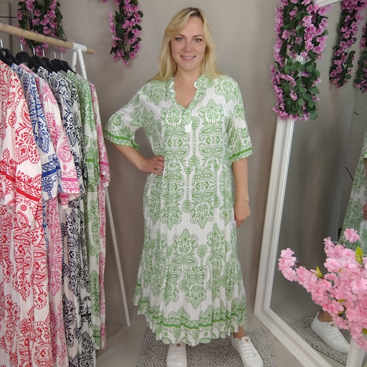 Viskose Sommerkleid in Grün-Weiß