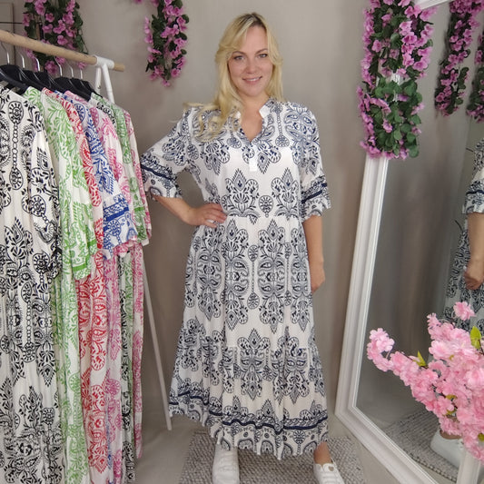 Viskose Sommerkleid in Dunkelblau-Weiß