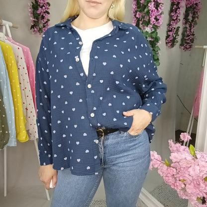 Musselin Bluse mit Herzchen in Dunkelblau
