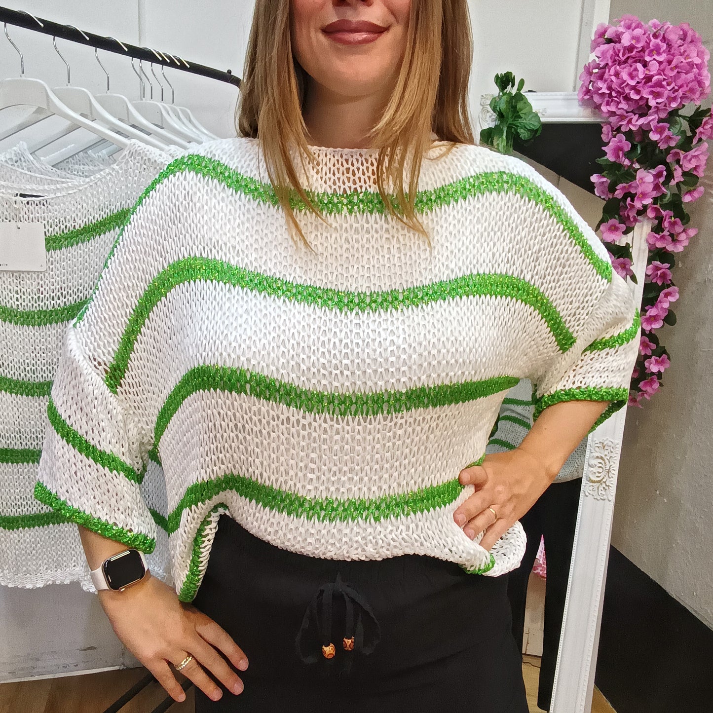 Strickpullover mit Streifen in Grün-Weiß