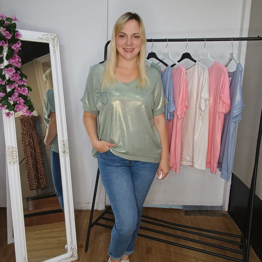Schimmerndes Kurzarm-Shirt in Olivgrün