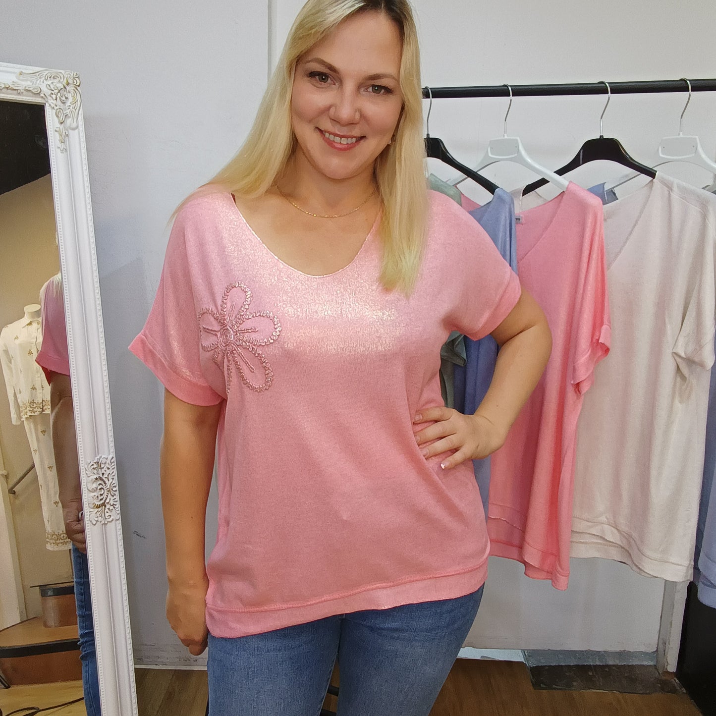 Schimmerndes Kurzarm-Shirt in Rosa