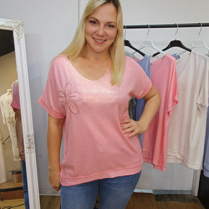 Schimmerndes Kurzarm-Shirt in Rosa