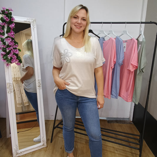 Schimmerndes Kurzarm-Shirt in Beige