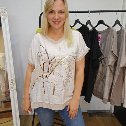 Kurzarm-Shirt mit Muster in Beige