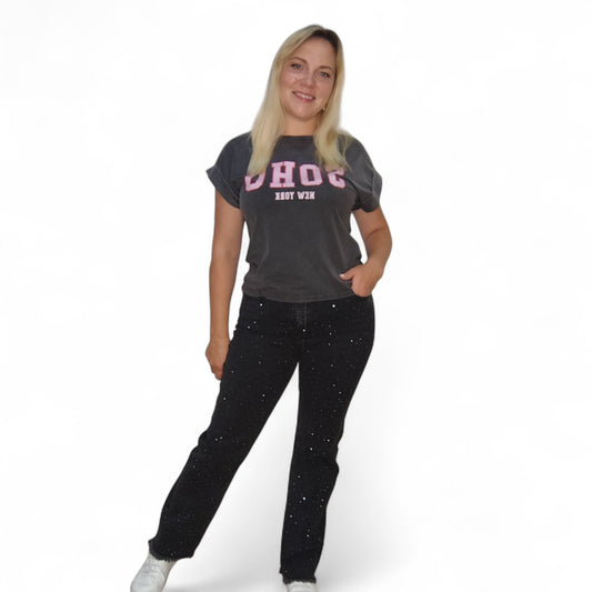 Gerade Jeans in Schwarz mit Strasssteinchen