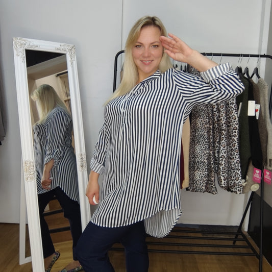 Gestreifte Longbluse "Regina" in Dunkelblau-Weiß