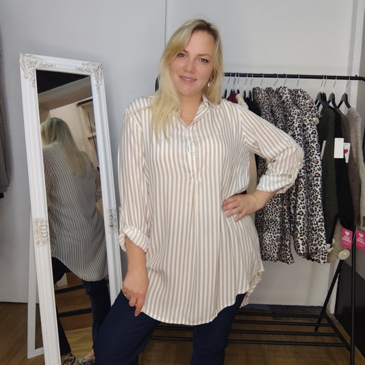 Gestreifte Longbluse "Regina" in Beige-Weiß