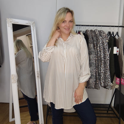 Gestreifte Longbluse "Regina" in Beige-Weiß