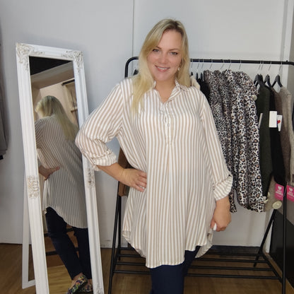 Gestreifte Longbluse "Regina" in Beige-Weiß