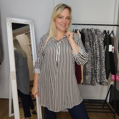 Gestreifte Longbluse "Regina" in Dunkelbraun-Weiß