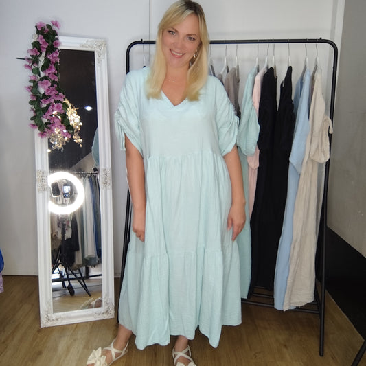 Musselin Kleid mit Raffung am Ärmel in Türkis