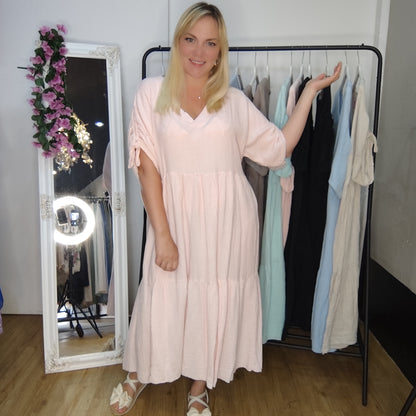 Musselin Kleid mit Raffung am Ärmel in Rosa