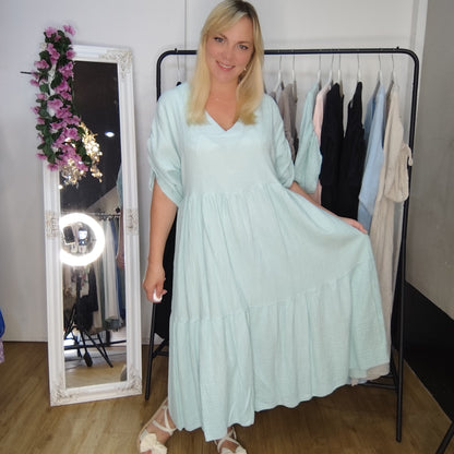 Musselin Kleid mit Raffung am Ärmel in Türkis